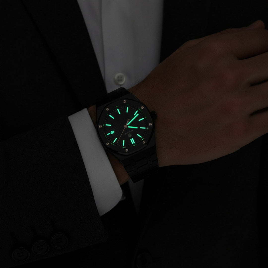 Montre pour Homme Acier Inoxydable Noire – Quartz Lumineuse et Étanche 42 mm