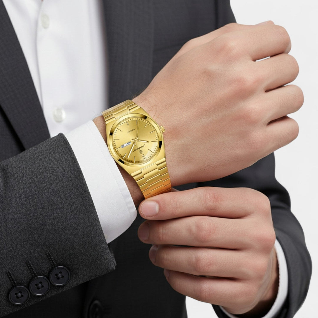 Montre pour Homme Dorée en Acier Inoxydable – Ultra Fine Lumineuse et Étanche 41 mm