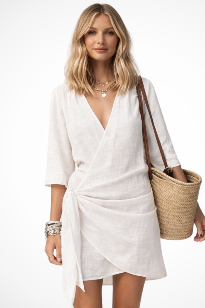 Robe portefeuille courte pour femme – Taille nouée, manches courtes, style décontracté chic estival