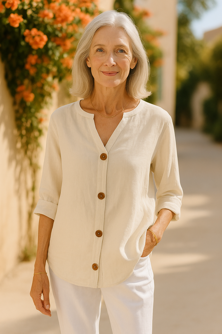 Blouse Gretel en lin beige boutonnée col tunisien