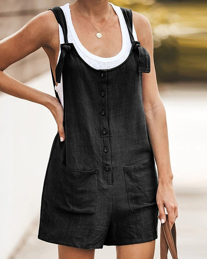 Combinaison Courte d’Été Amusante Femme – Style Sans Manches en Mélange de Lin