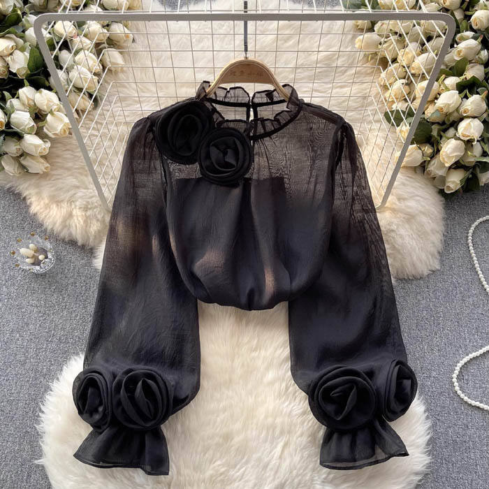 Chemisier Femme Élégant en Chiffon Blanc – Col Haut avec Détail Rose 3D