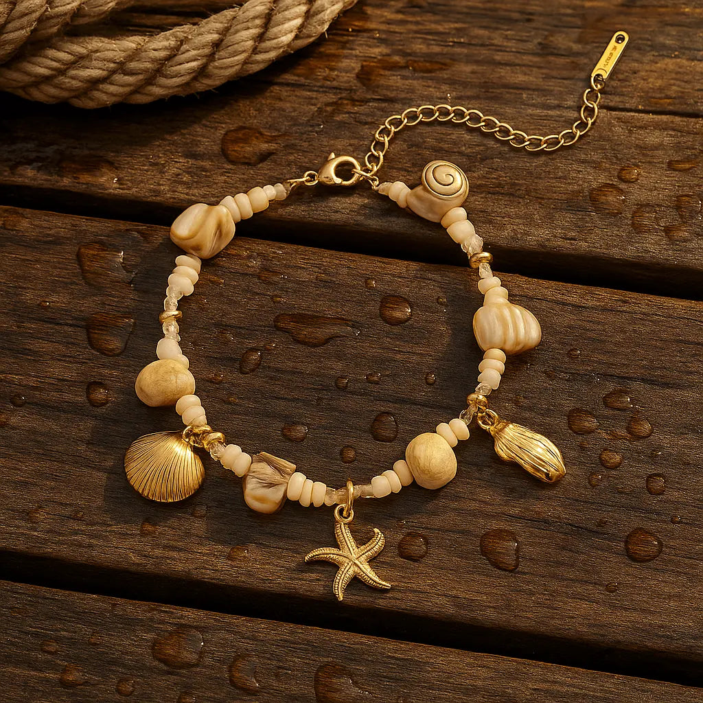 Bracelet Coquillages Dorés et Perles