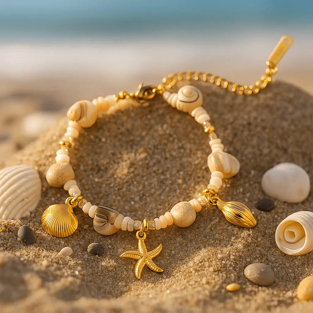 Bracelet Coquillages Dorés et Perles