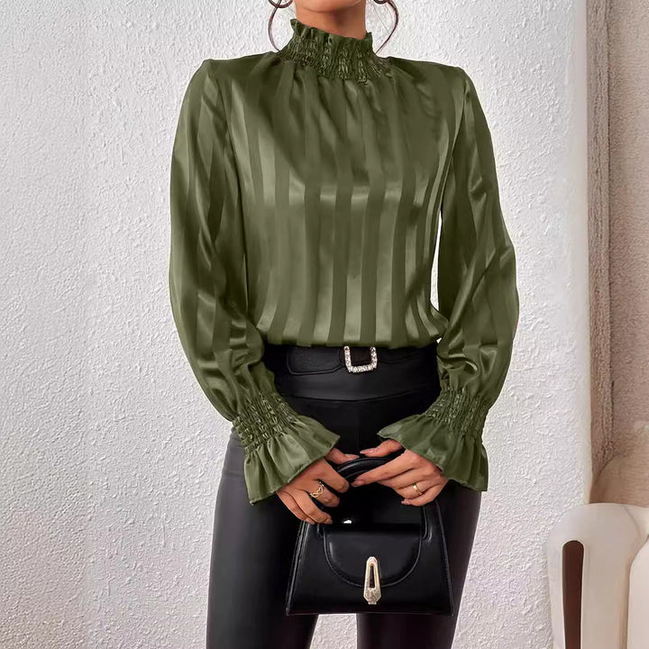 Chemisier Satiné Élégant à Col Montant pour Femme – Haut à Manches à Volants Froncées