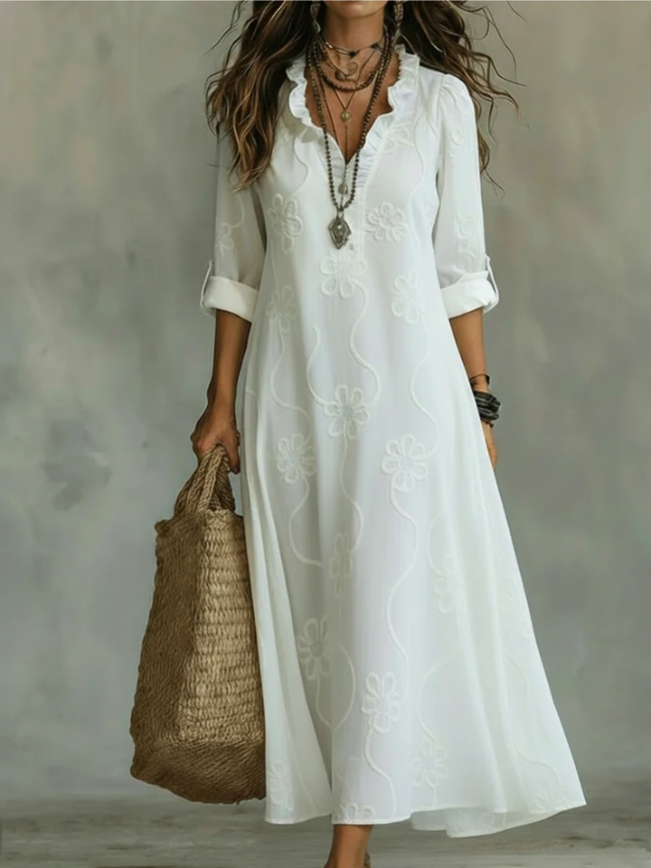 Robe Chemise Maxi Femme Brodée Col V – Coupe Ample Coton Lin Décontractée