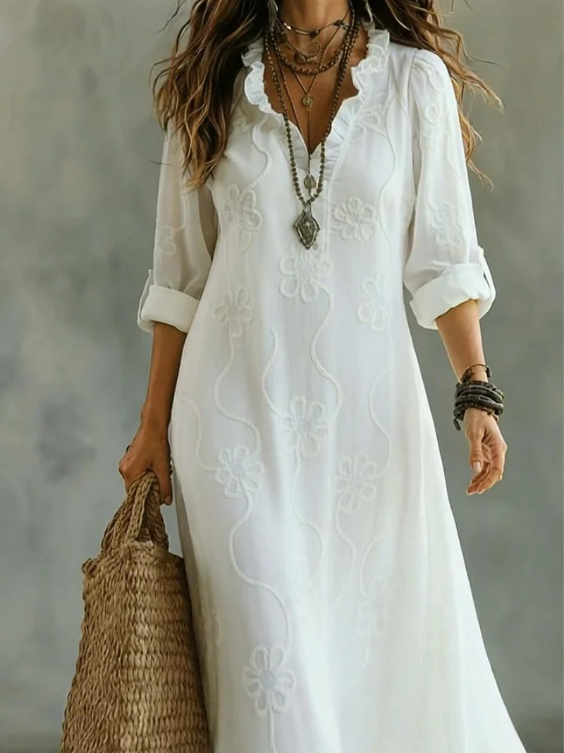 Robe Chemise Maxi Femme Brodée Col V – Coupe Ample Coton Lin Décontractée