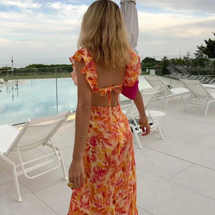 Robe Élégante d’Été à Volants pour Femme – Maxi Robe Sans Manches avec Dos Nu