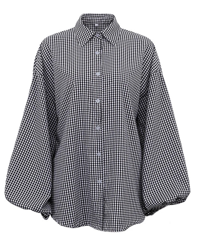 Chemise oversize élégante à carreaux pour femme – Manches ballon boutonnées