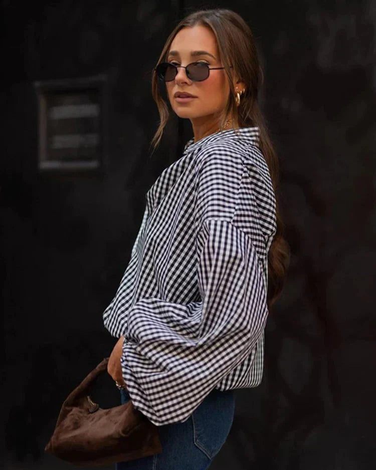 Chemise oversize élégante à carreaux pour femme – Manches ballon boutonnées