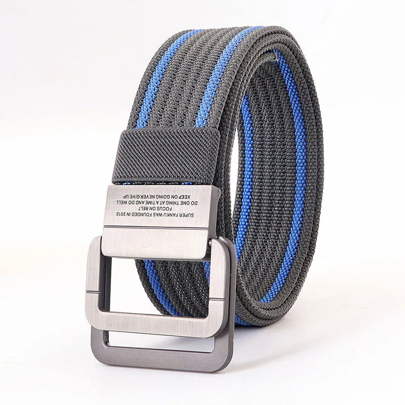 Ceinture Taille Unisexe en Toile Rayée – Sangle Décontractée à Boucle Métallique Double Anneau