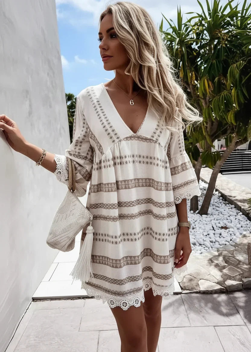 Robe Mini Décontractée Élégante Femme – Col V Style Bohème
