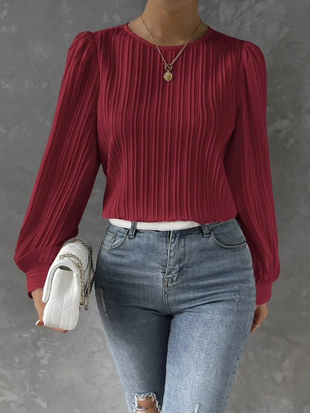 Chemisier Texturé Femme à Col Rond – Haut Élégant Décontracté à Manches Bouffantes
