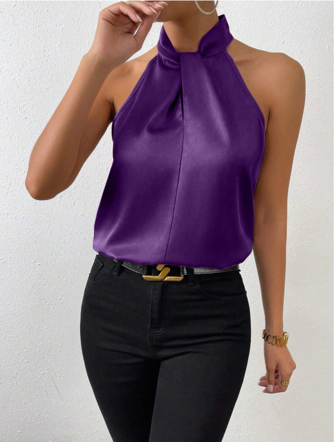 Blouse Femme Satinée à Col Halter – Haut Élégant à Col Noué Style Soie