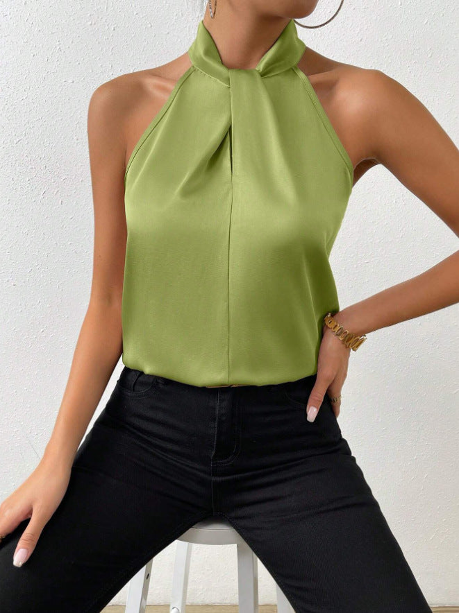 Blouse Élégante Femme en Soie – Col Halter avec Nœud Top Chic Décontracté