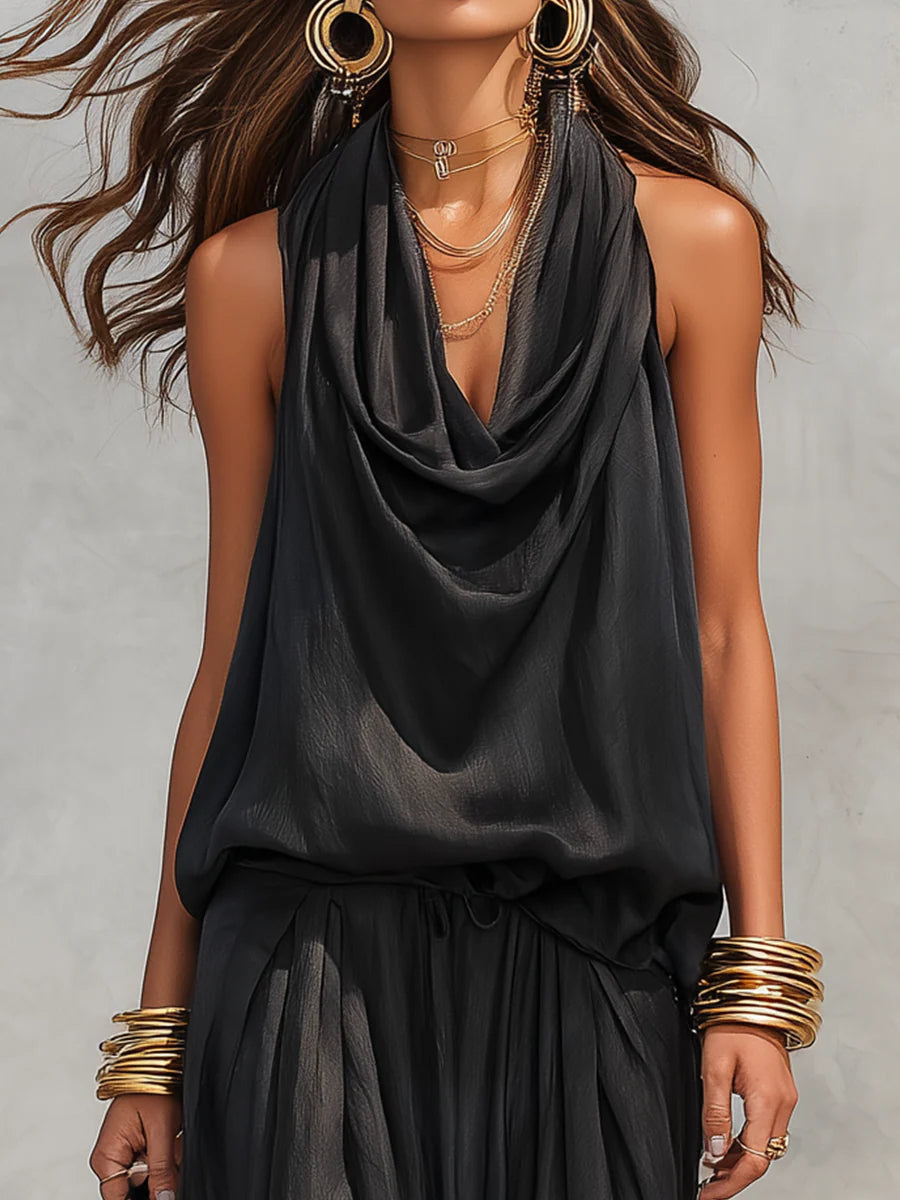 Chloé | Ensemble Top Halter et Pantalon Large Plissé