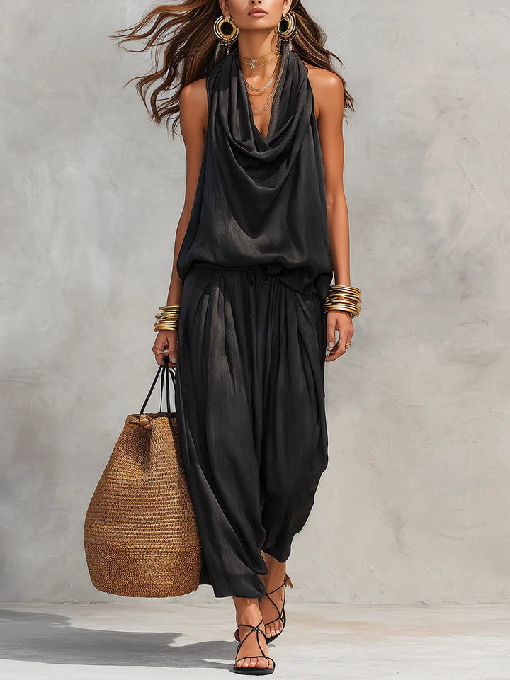 Chloé | Ensemble Top Halter et Pantalon Large Plissé