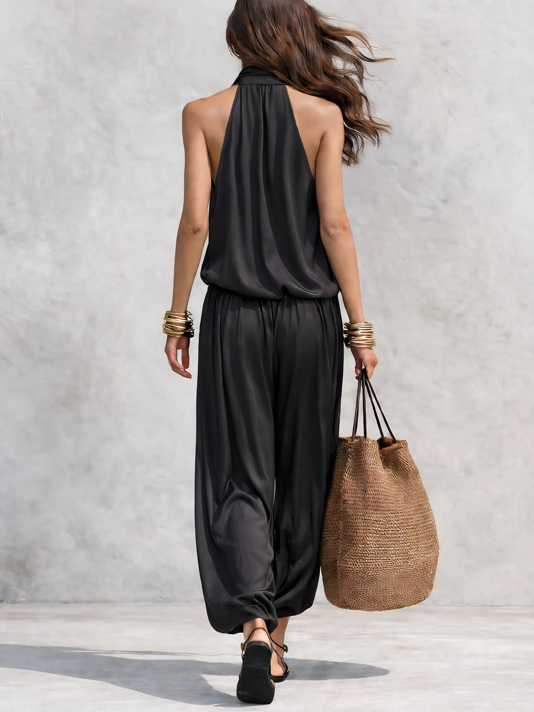 Chloé | Ensemble Top Halter et Pantalon Large Plissé