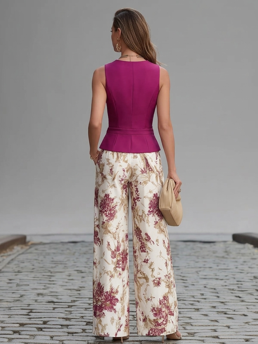 Chloé | Ensemble Gilet en Spandex et Pantalon Large Fleuri