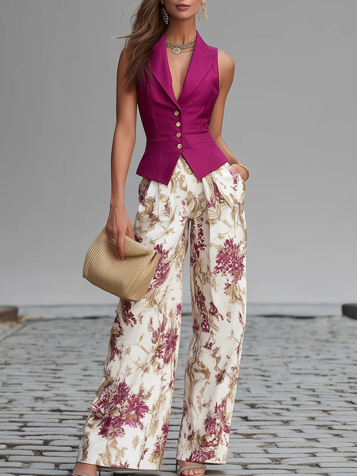 Solène | Ensemble Gilet Rose Poudré et Pantalon Large Fleuri