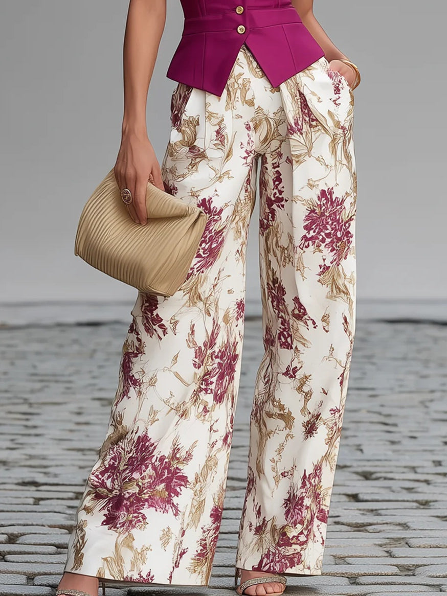 Solène | Ensemble Gilet Rose Poudré et Pantalon Large Fleuri