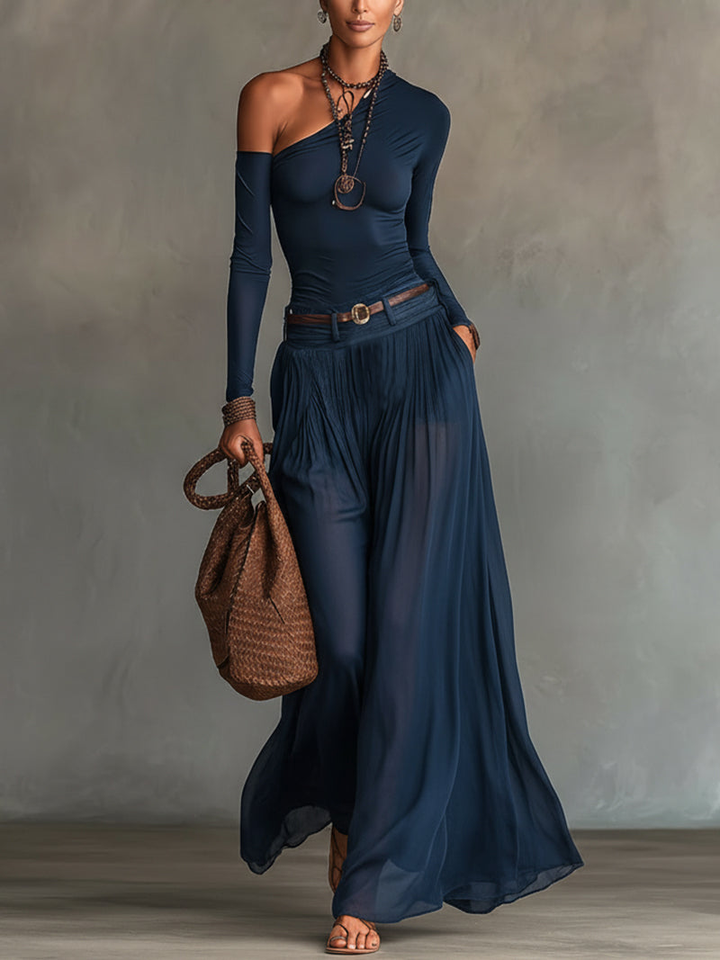 Adèle | Ensemble Body Jersey Une Épaule et Jupe Maxi en Mousseline Transparente