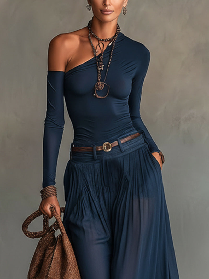 Adèle | Ensemble Body Jersey Une Épaule et Jupe Maxi en Mousseline Transparente