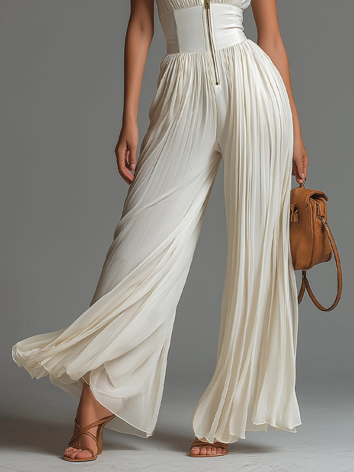 Lucie | Combinaison en Mousseline Blanche Plissée Jambes Larges