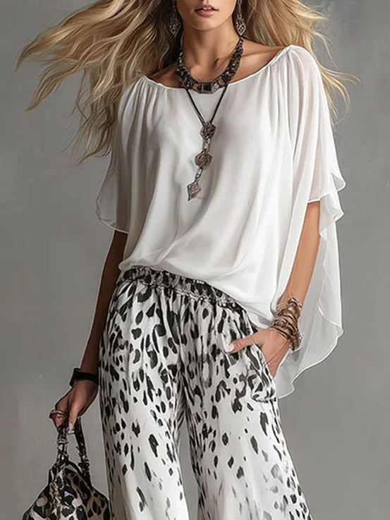 Charlotte | Ensemble Top Col Bateau et Pantalon Léopard Dégradé