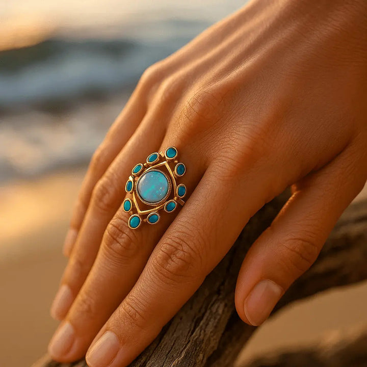 Bague Dorée avec Opale et Turquoise