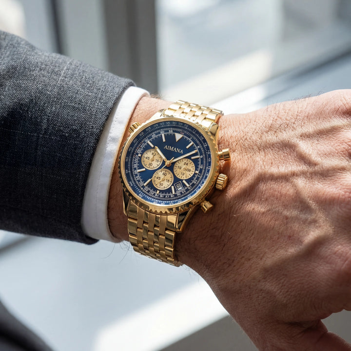 Claire Mode | Montre pour Homme Dorée en Acier Inoxydable – Quartz Lumineuse et Étanche 43 mm