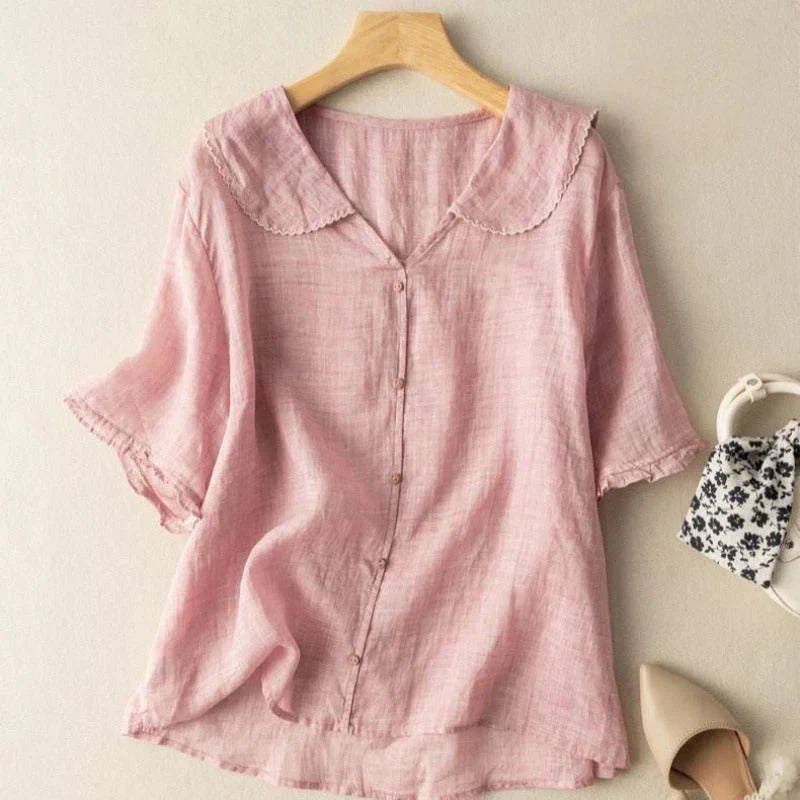 Blouse décontractée en lin aéré à col en V manches courtes femmes – Haut d’été léger respirant à coupe ample