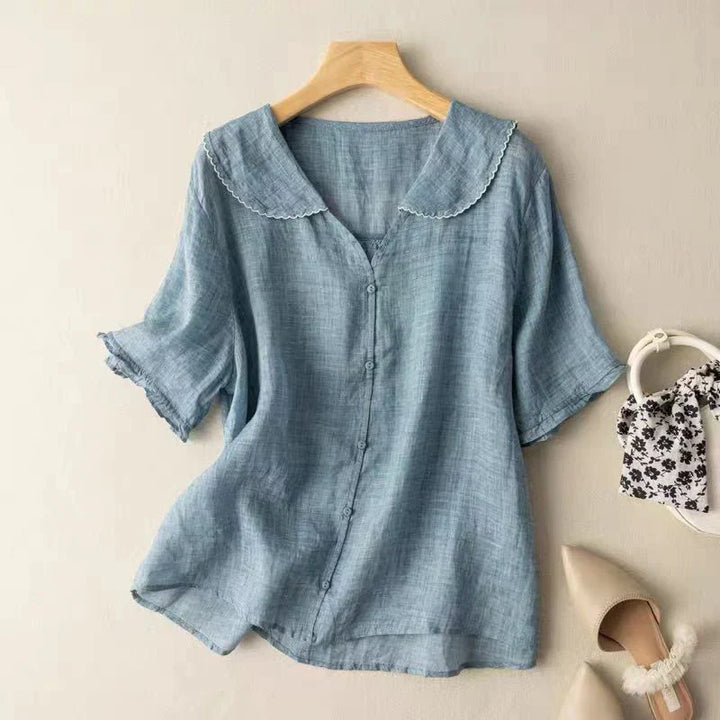 Blouse décontractée en lin aéré à col en V manches courtes femmes – Haut d’été léger respirant à coupe ample