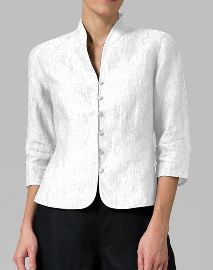 Blouse Ajustée Élégante à Boutons Femme – Col Montant en V avec Manches 3/4