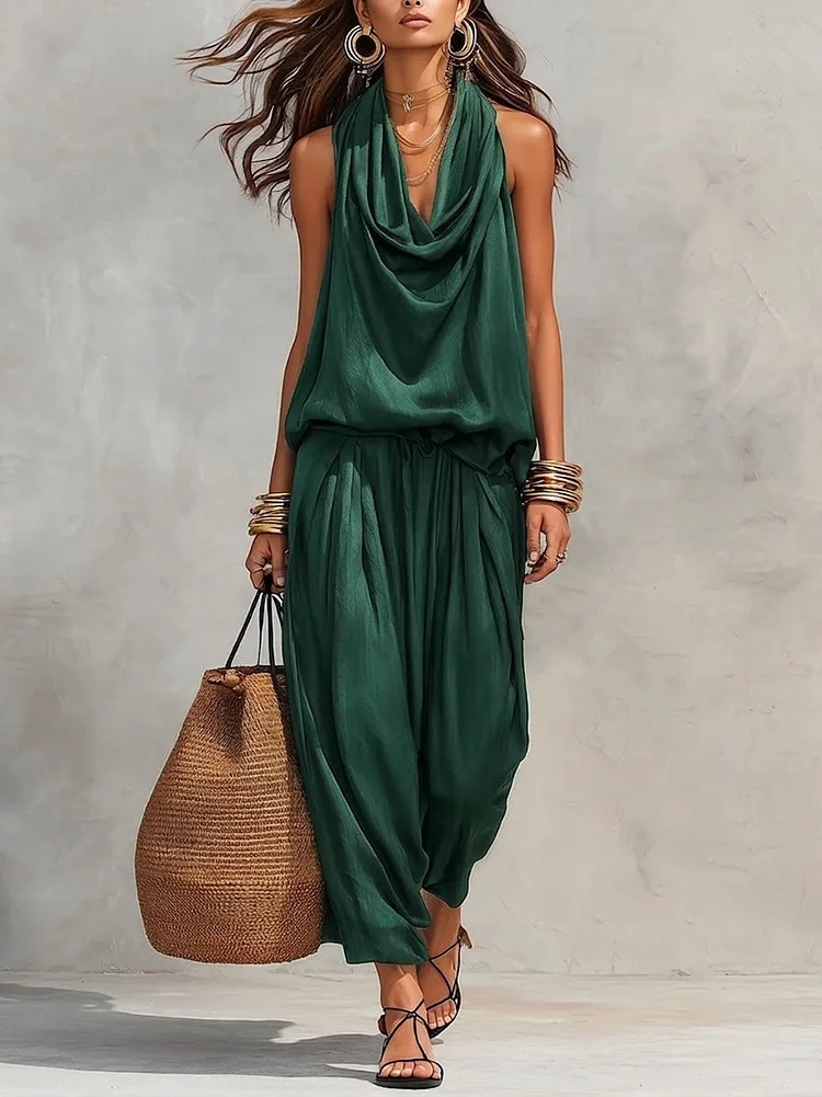 Chloé | Ensemble Top Halter et Pantalon Large Plissé