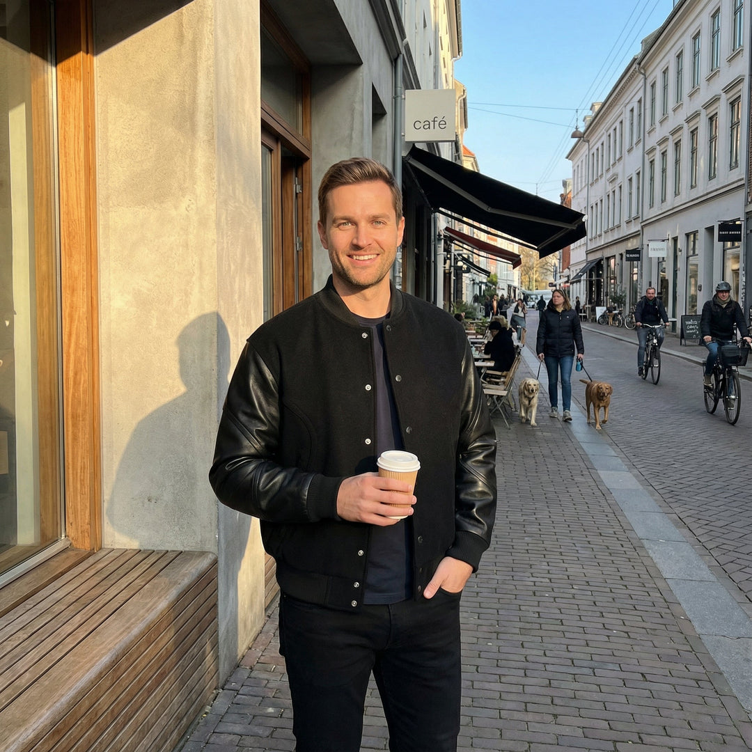 Blouson Bomber Homme Laine &amp; Cuir – Élégance Raffinée