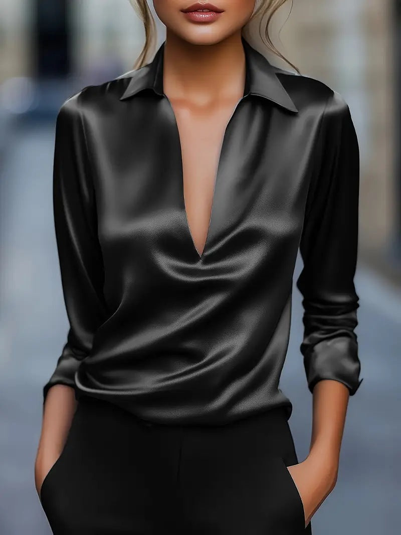Blouse Femme Stylée Aspect Satin – Haut Décontracté Polyvalent à Col V