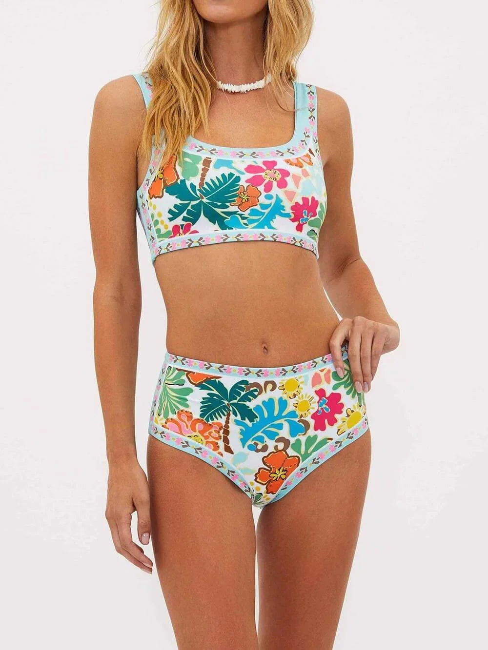 Bikini femme taille haute à fleurs colorées