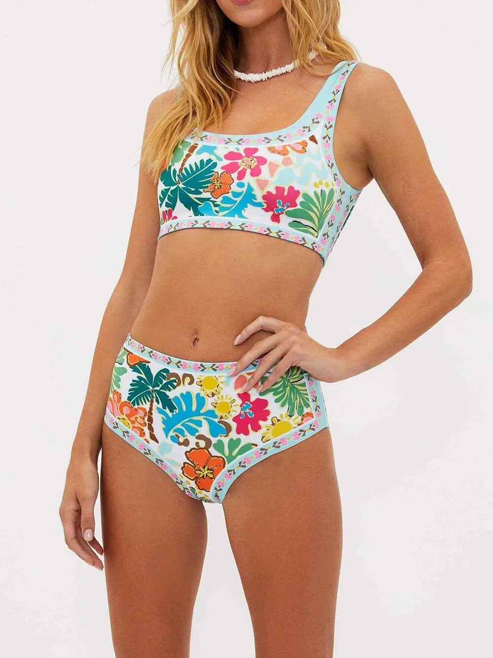 Bikini femme taille haute à fleurs colorées