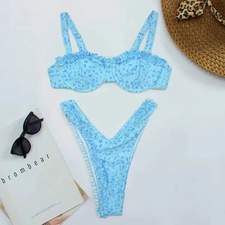 Bikini femme à volants, imprimés et bas assortis