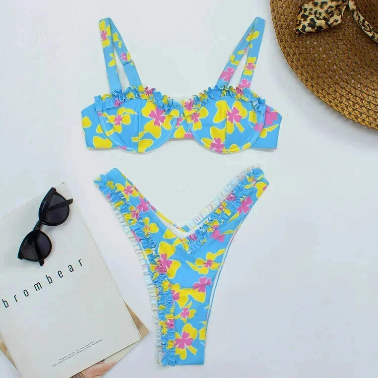 Bikini femme à volants, imprimés et bas assortis