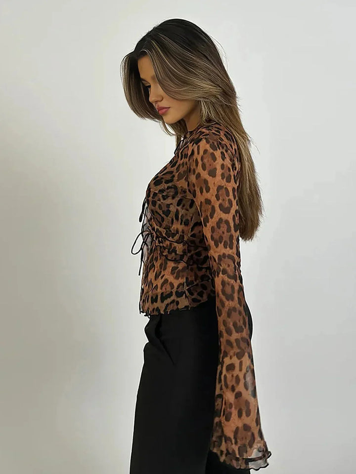 Blouse femme léopard à manches longues légères et transparentes