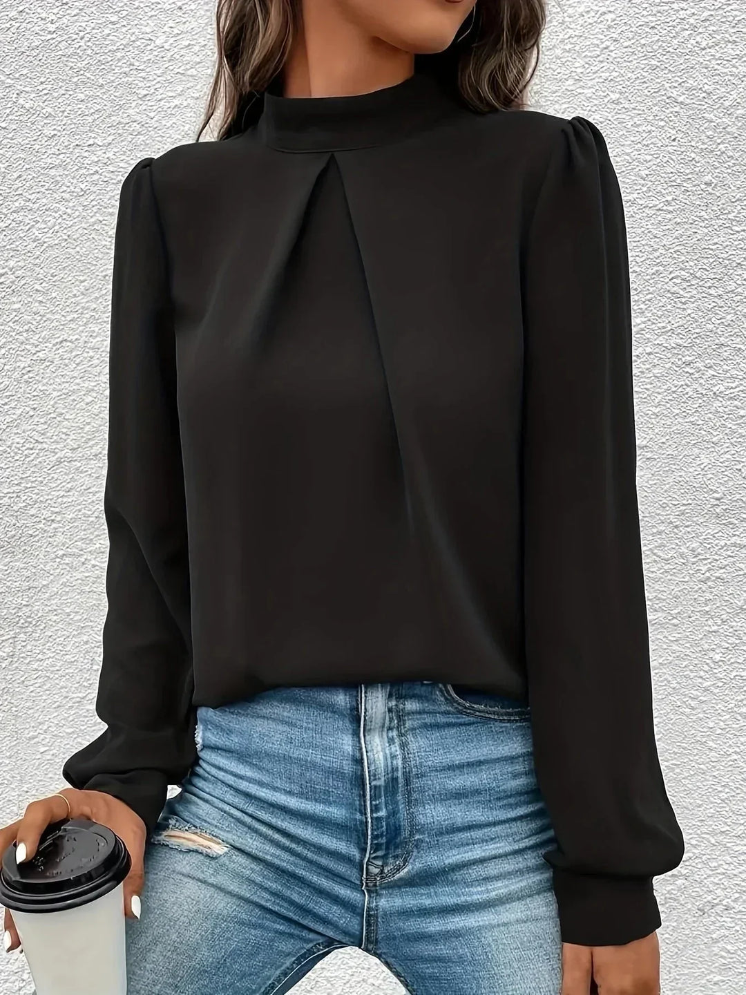Top noir à manches longues pour femme, style élégant