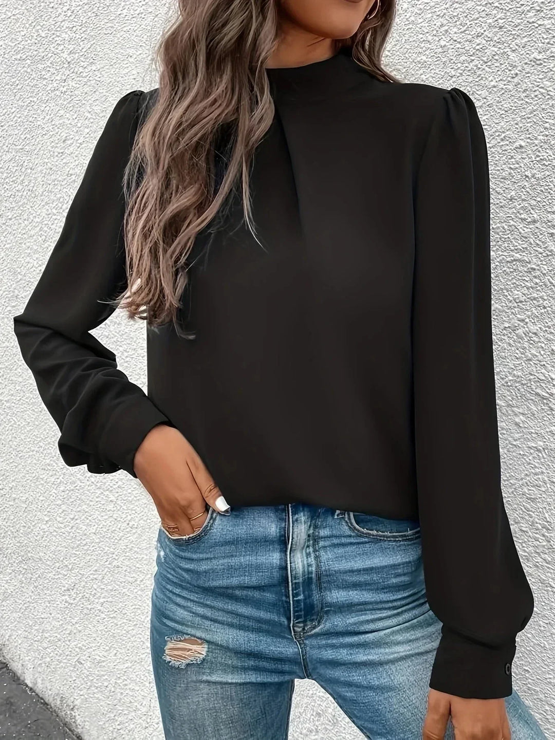 Top noir à manches longues pour femme, style élégant
