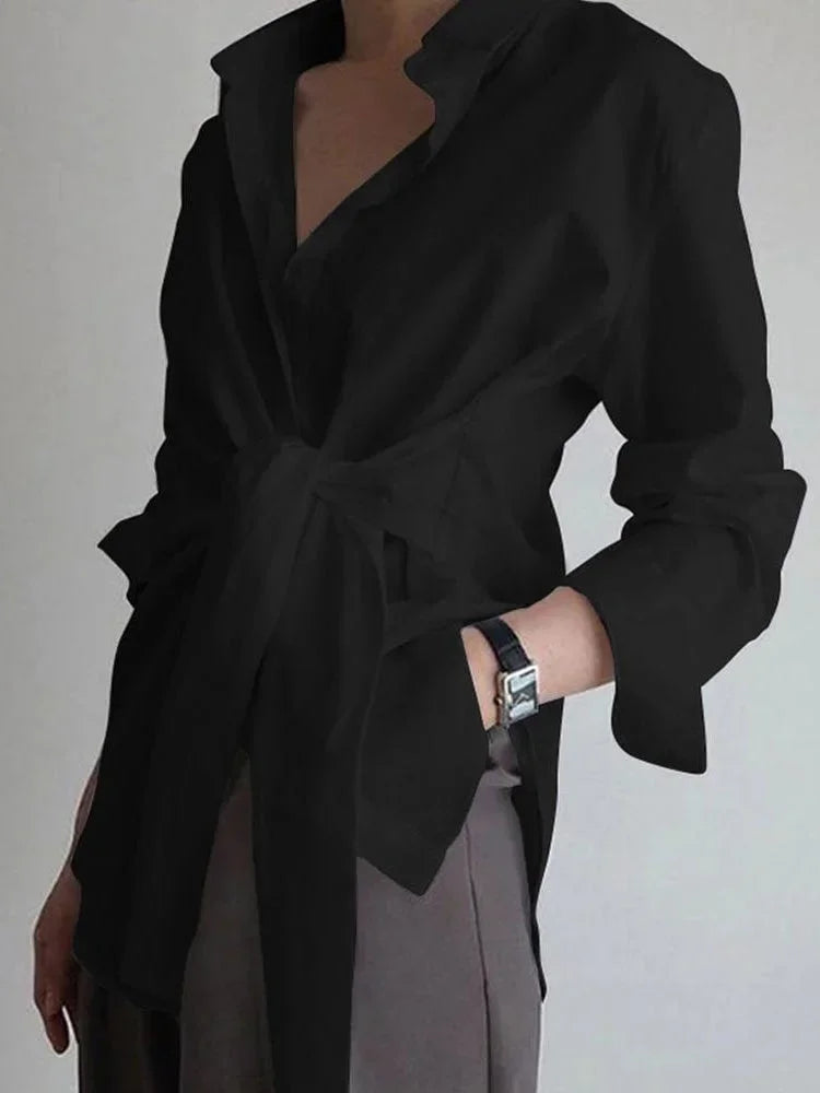 Chemise oversize femme avec ceinture nouée devant et manches longues