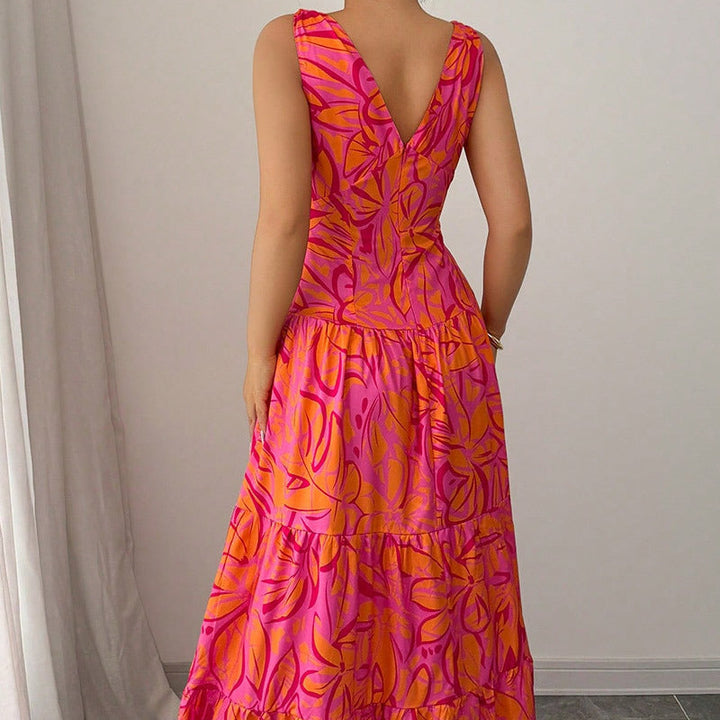 Robe longue d’été femme – Sans manches avec imprimé tropical