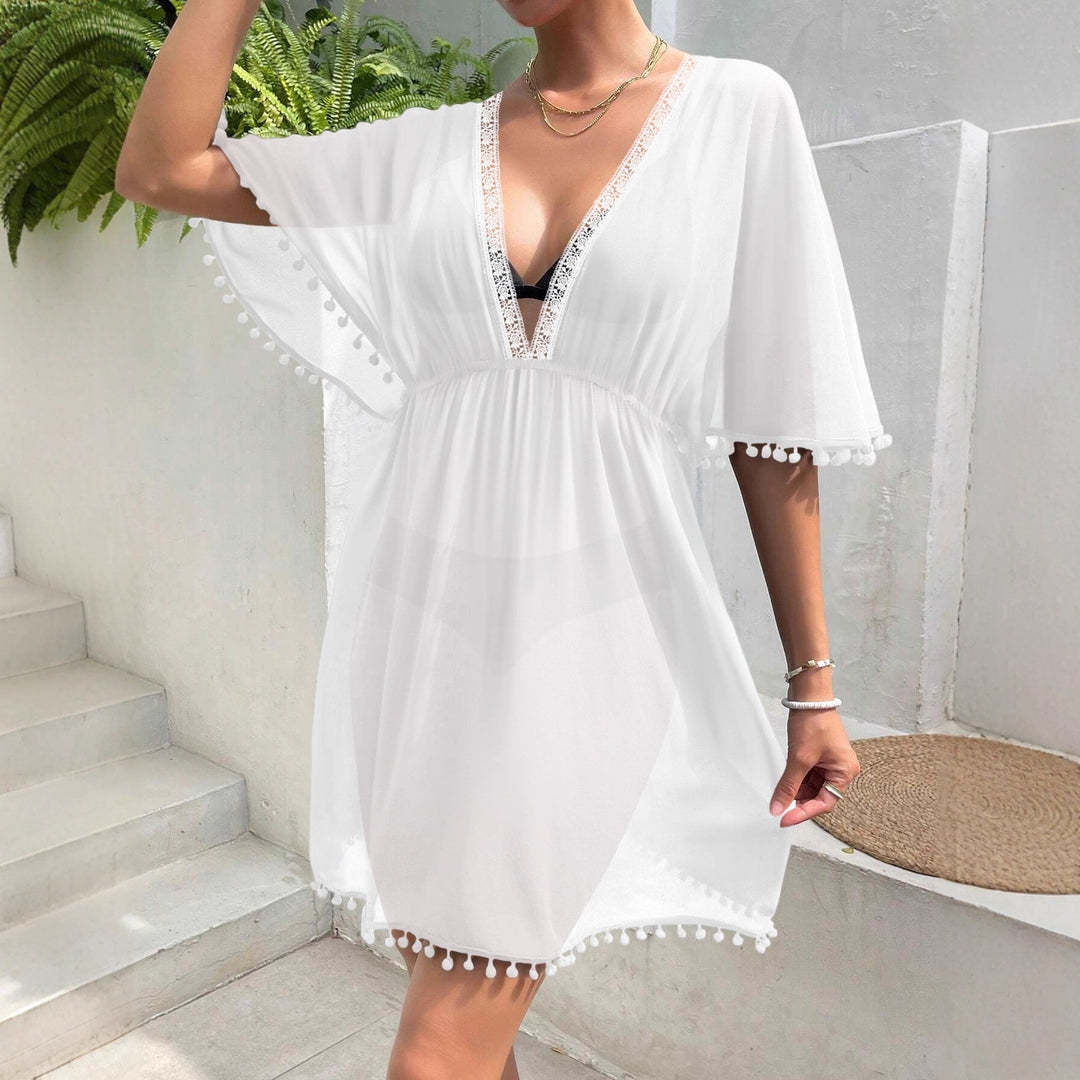 Robe Femme Style Plage avec Patchwork en Dentelle – Cache-Maillot à Col V et Taille Cintrée