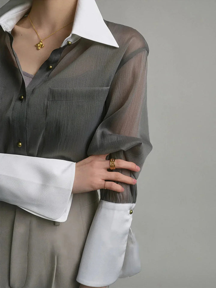 Chemise transparente femme à manches longues, col et poignets contrastés
