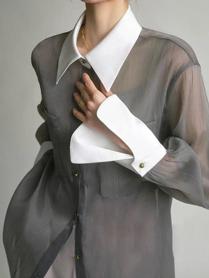 Chemise transparente femme à manches longues, col et poignets contrastés