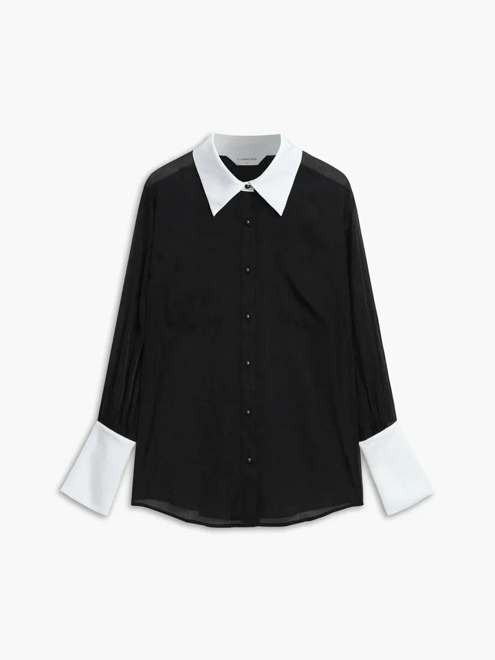 Chemise transparente femme à manches longues, col et poignets contrastés